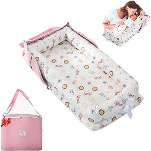 Baby Lounger for Tummy Time Portable,Baby Play mat with Strap,Newborn Lounger Inner Zipper for Boys Girls 0-24 Months,Animal World Pink