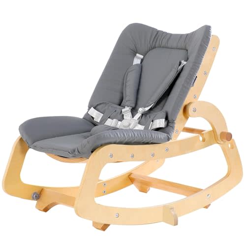 MallBest 3-in-1 Baby Bouncer Adjustable Wooden Rocker Chair Recliner with Removable Cushion and Seat Belt for Infant to Toddler (Grey)
