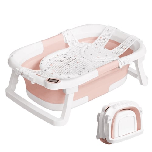 TUMAJUP Foldable Baby Bathtub PP+TPE with Soft Bath Net&Thermometer for 0-36 Months Toddler Pink