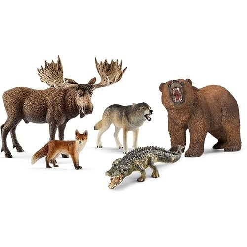 Schleich Wild Life - 5PC North American Animal Figurine Bundle - Realistic Moose, Wolf, Fox, Alligator, and Grizzly Bear Figures - Educational Toys for Kids for Screen-Free Play - 3+ | 77417
