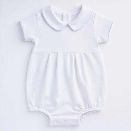 Baby Boy White Pima Cotton Bubble with Blue Trim - Magnolia Baby