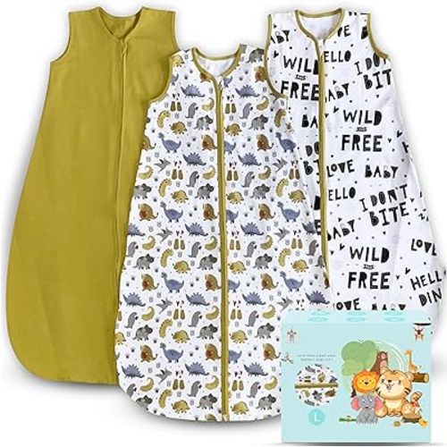 Cute Castle Baby Sleep Sack 12-18 Months - Lightweight 100% Cotton 2-Way Zipper TOG 0.5 Infant Wearable Blanket, Newborn Essentials Toddler Sleep Clothes, 3 Pack(Honey, Dinosaurs, Letters)