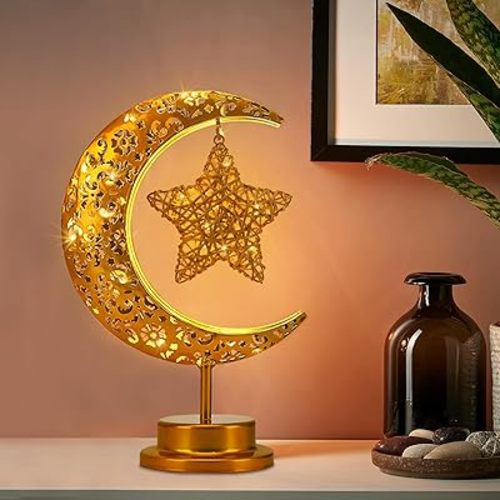 Art Deco Table Lamp, Rattan Star LED Night Light, Moon Lamp with Cordless Design, Home Decor Gift for Living Room, Office, Holiday