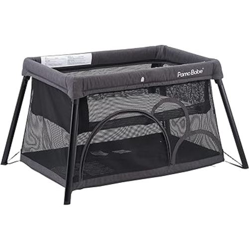 Pamo Babe Travel Crib, Portable Crib for Baby Lightweight Baby Travel Playpen, Foldable Travel Playard with Comfortable Mattress for Babies (Grey)
