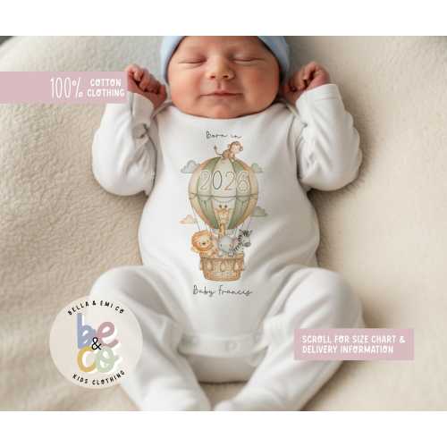 Personalized Safari Animal Baby Grow, sleepsuit - Born in 2026 - Newborn Gift