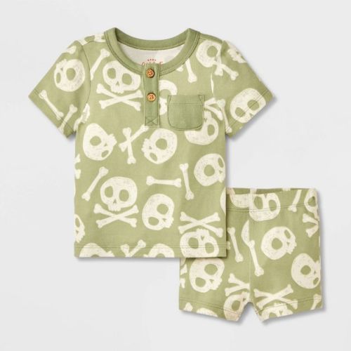 Baby 2pc Halloween Skull & Bones T-Shirt & Bloomer Set - Cat & Jack™ Green 18M