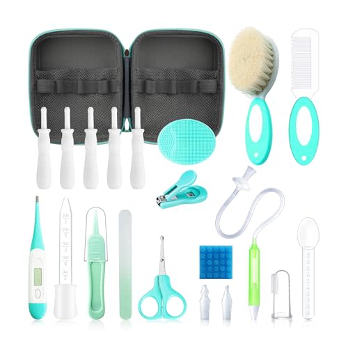 23 in 1 Baby Healthcare and Grooming Kit, Infant Safety Care Set Baby Nursery Kit with Gas Colic Passer Nasal Aspirator Nail Clipper Hair Brush Comb for Newborn Girls Boys (Green))