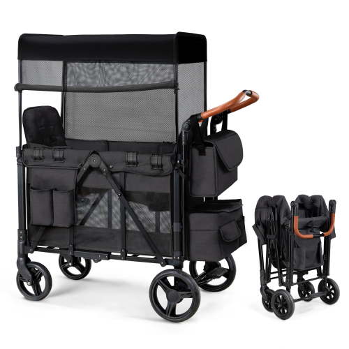 Matladin Wagon Stroller for 2 Kids, Foldable All-Terrain Wagon for Toddler with Canopy, Shoulder Bag, Black