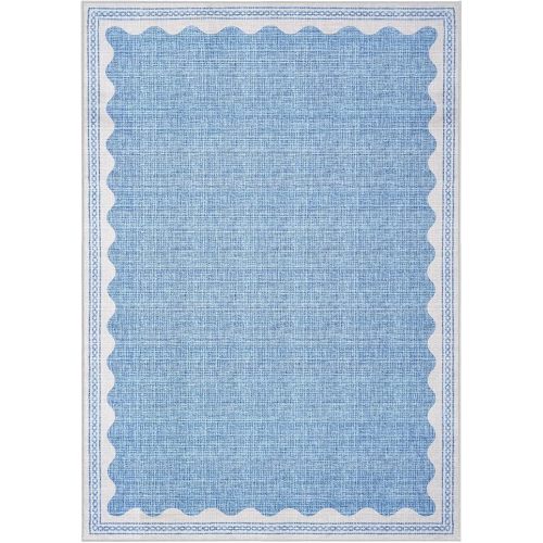 Scalloped Washable Rugs for Living Room, Solid Blue 6x9 Area Rugs for Bedroom Girls, Non Slip Scalloped Rug with Rubber Back, Soft Dorm Nursery 6x9 Rugs for Dining Room