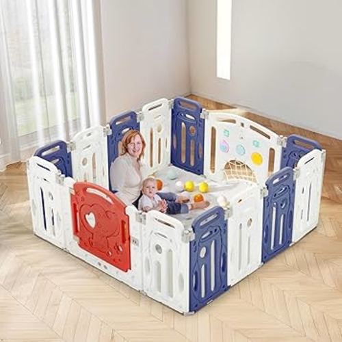 Baby Playpen,Foldable Plastic Playpen for Babies and Toddlers,14 Panels Fence with Lockable Door,Music Player,Soccer Goal,Spinning Gears,Blue and Orange