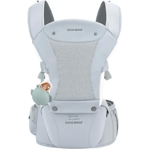 Bebamour Baby Carrier with Hip Seat,All-Position Breathable Mesh Hip Seat & Carrier 0-36Months with Head Hood, 3 PCS Teething Pads, Waist Extender,Storage Bag & Pacifier Case (Blue)