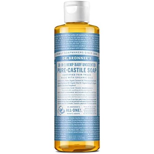 Dr. Bronners - Pure-Castile Liquid Soap (Baby Unscented, 8 Ounce) - Made with Organic Oils, 18-in-1 Uses: Face, Hair, Laundry, Dishes, For Sensitive Skin, Babies, No Added Fragrance, Vegan, Non-GMO