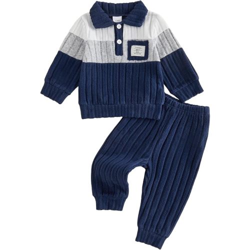 Toddler Baby Boy Winter Fall Outfits Gentleman Striped Outfit Pants Set | Soft rib knit keeps babies warm in fall winter. Gentleman collar, skin-friendly fabric for daily outings & family gatherings