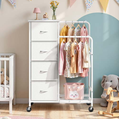 3-in-1 Dresser with Hanging Rack, 4 Fabric Drawers with Double Clothes Rack & Wheels, Tall Closet Organizer Dresser for Bedroom, Entryway, Black, 15.8" D x 29.9" W x 47.3" H