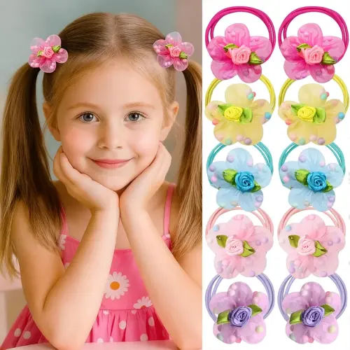10 PCS Toddler Hair Ties for Girls, Flower Baby Hair Tie Elastic Scrunchies No Damage Seamless Ponytail Holders for Toddler Girls (Pink, Purple, Rose red, Yellow, Blue)