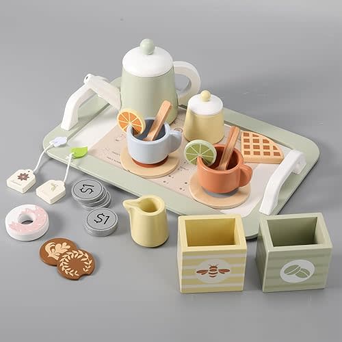 Wooden Tea Party Set for Little Girls, Play Tea Set for Kids Toddlers, Pretend Play Kitchen Toy Gift for 3 4 5 Years Old
