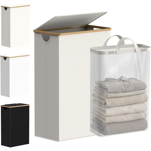 efluky Slim Laundry Basket with Lid, Narrow Laundry Hamper with Removable Bag, Skinny Dirty Clothes Basket with Bamboo Handles for Bathroom, Bedroom & Laundry Room, 75L Beige
