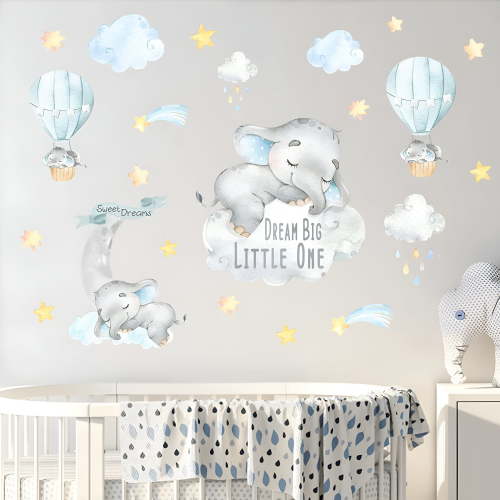 LAMIRO Blue Watercolor Boy Elephant Wall Decals,Sweet Dream Big Little One Sticker Moon Hot Air Balloon Star Nursery Decor,Home Baby Shower Room Decoration Kid Toddler Crib Bedroom Playroom Art Gift
