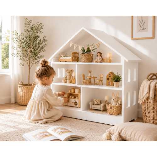Montessori Dollhouse Bookshelf for Toddlers – Wooden Toy Storage Shelf for Playrooms