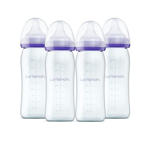 Lansinoh Anti-Colic Glass Baby Bottles, 8 Ounces, 4 Count Bottles for Feeding, Baby Essentials, Includes 4 Medium Flow Nipples, Size M
