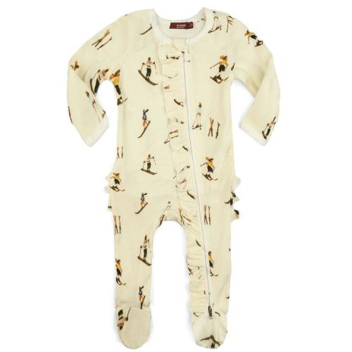Vintage Natural Ski Organic Cotton Ruffle Zipper Footed Romper