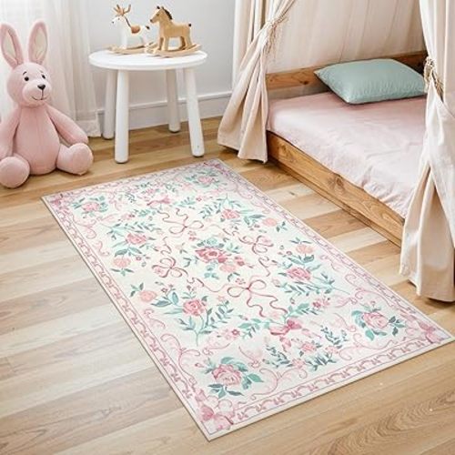 Collive 3x5 Nursery Rug, Boho Pink Floral Area Rugs Machine Washable, Soft Ultra-Thin Bow Carpet Non Slip for Girls Room Bedroom Entryway Playroom Living Room (Pink, 3' X 5')