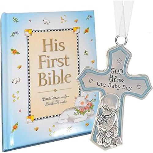 elskandi Baby Boy First Bible and Catholic Baptism Crib Cross Set for Boys, Catholic Baptism Gifts for Boys Christening and Dedication Baptismal Gifts from Godparents