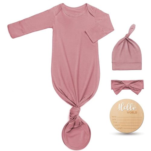 Hello World Newborn Outfit Knotted Gown 0-3 Months, Baby Girl Boy Coming Home Sleeper with Sign