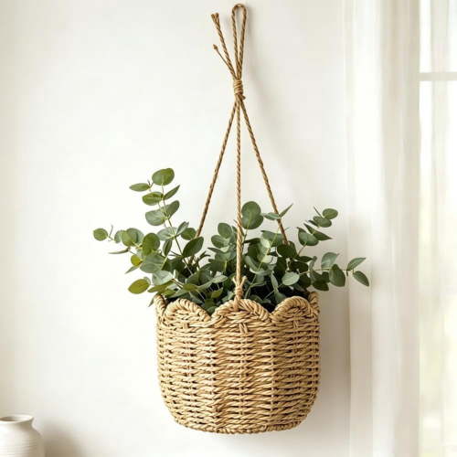 Natural Woven Hanging Planter Basket, Indoor Wall Plant Holder, Decorative Storage Hanging Flowers Basket for Home, Balcony, Living Room, Bedroom