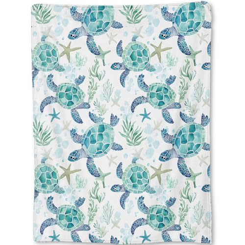 Sea Turtle Blanket - Cute Blue and Green Hues Fleece Throw,Gifts for Kids Girls Boys, Soft & Warm,Lightweight, for Modern Ocean Beach Decor, Marine Life Lovers, and Room Home Accents 50x60in