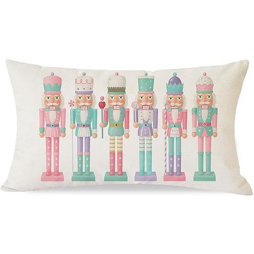 PANDICORN Christmas Throw Pillow Cover 12x20 Inch, Pastel Nutcracker Christmas Decor, Candy Pink Xmas Winter Holiday Lumbar Decorative Cushion Case Decoration for Home Sofa Couch Living Room