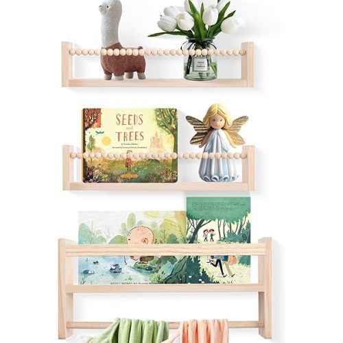 Nursery Floating Book Shelves, Wall Mounted Shelf with Towel Bar for Kids Room, Nursery Wall Shelves Set of 3 - Rustic Bookshelf Organizer for Baby Books & Toys,Natural Wood