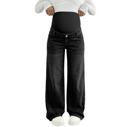 BLENCOT Womens Maternity Jeans Over Belly Wide Leg Pregnancy Pants for Work | Classic Stretchy Tummy Panel High Waist Denim Pants ,Pregnant Moms Fall Work Daily ,Casual Loose Style