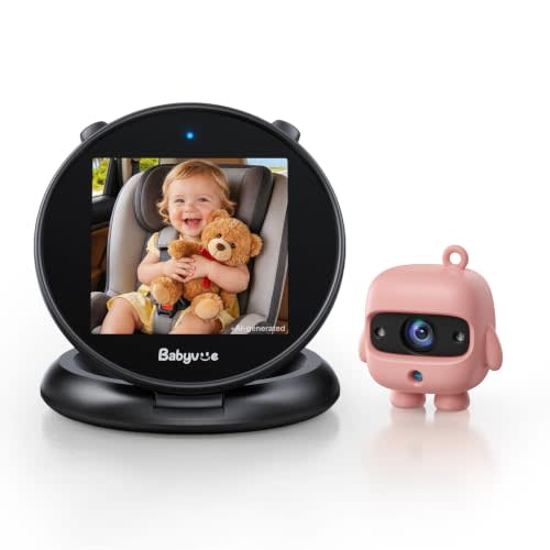Babyvue Baby Car Camera, Round Fold-Down Monitor for Rear-Facing | 1080P HD, 3X Zoom, 700-Nit Auto Brightness, No-Glow Night Vision, 360° Base, No WiFi, USB Setup for Kid Infant（Pink）