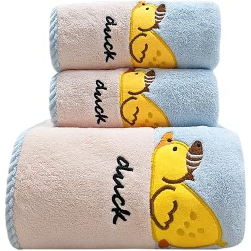 USTIDE Cute Duck Bath Towel Set - Blue Soft Velvet Towels Set, Super Absorbent Quick Dry Bath Towels for Baby Shower, Infant Bath, Nursery & Family Bathroom (3-Piece Set: 1 Bath + 2 Hand Towels)