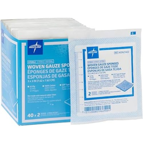 Medline Sterile 100% Cotton Woven Gauze Sponges, 3" x 3", 12-Ply, Ideal for Wound Dressing and General Cleaning, 2/Packs, Pack of 40