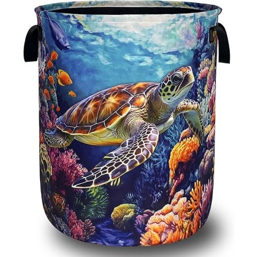 Funny Turtles Laundry Basket Oxford Cloth Ocean Animal Sea Turtle Laundry Hamper With Handle Foldable Portable Clothes Storage Basket Laundry Bag 18.9"x16.5" For Laundry Room/Bedroom/Bathrooms