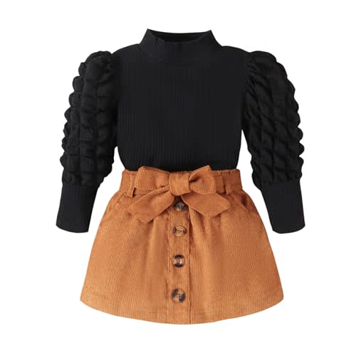 Noubeau Toddler Baby Girls Plaid Outfits Knit Ribbed Sweatshirt Shirt Tops Red Plaid Belt Skirt Fall Winter Clothes