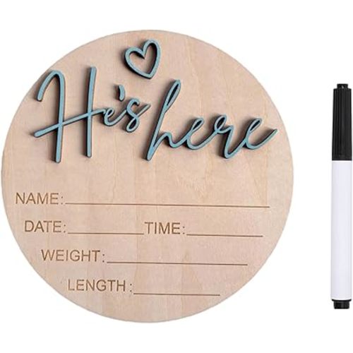 Baby Announcement Sign, ​5.9 Inch Wooden Hello World Newborn Signs, Birth Announcement Sign, Gender Reveal Signs, He's here Decoration, Welcome Newborn Arrival To World (He's,Blue-B)