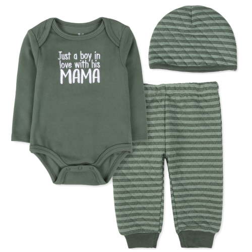 Baby Essentials Infant Boy 3 Piece Layette Set with Bodysuit, Quilted Jogger Pants & Hat – Cozy Fall & Winter Outfit (Green Just A Boy In Love With His Mama, 3 months)