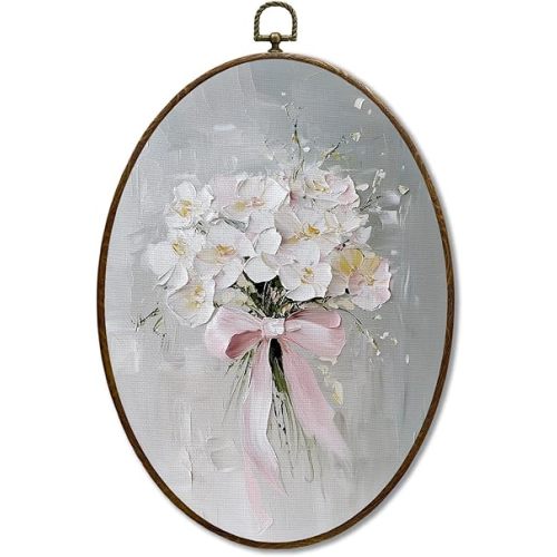JQF Vintage Cottagecore Floral Oval Wall Decor, Coquette Pink Bow Flower Bouquet Oval Canvas Wall Art, Watercolor Retro Floral Framed Prints Hanging Decor for Home Bedroom Living Room, 8.5x11.5 Inch