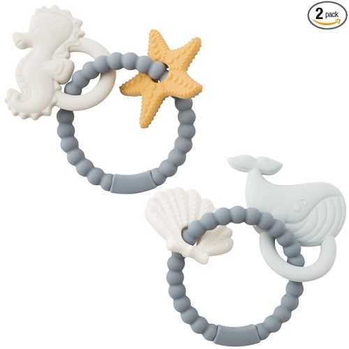Silicone Teether Toys for Babies - 2ooya 2Pcs Summer Ocean Beach Themed Teething Ring Infant Soft Teethers, Toddler Teething Chew Toys for Newborn Boy and Girl Baby Shower Birthday Gifts