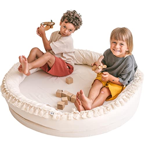 MINICAMP Kids Play Mat for Floor Play - Sleep Pod Nest for Toddlers & Activity Gym - 100% Natural Cotton & Unique Tassel Decor - Nursery Rug 44” Wide - Extra Soft Foam-Padded Matt!