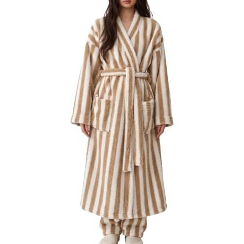 Womens Striped Fluffy Robe Long Plush Fuzzy Warm Bathrobes