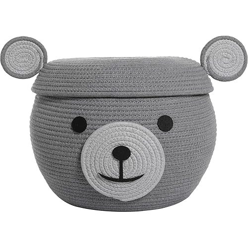 Cottonphant Handcrafted Animal Inspired Basket with Lid (Grey Bear, 15"x12")