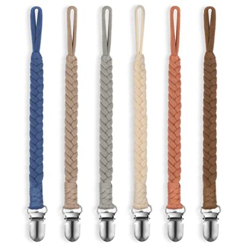 Pacifier Clip for Boys and Girls, 6 Pack Baby Pacifier Holder Leash 100% Handmade Braided Fits All Pacifiers & Teething Toys Modern Unisex Baby Gift