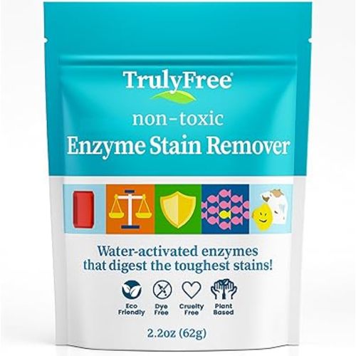 Truly Free Enzyme Laundry Stain Remover - Natural Laundry Detergent Booster for Blood, Grass, Pet Urine & Odor - Biological Washing Powder for Clothes, Couch Fabric (50 Scoops)