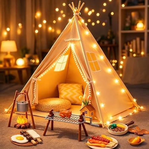 Teepee Tent for Kids with BBQ Pretend Play Toys, Spacious 60” Kids Play Tent Indoor & Outdoor, Foldable Playhouse with Mat & Star Lights, Washable Camping Toys Gift for Boys & Girls Ages 3–8