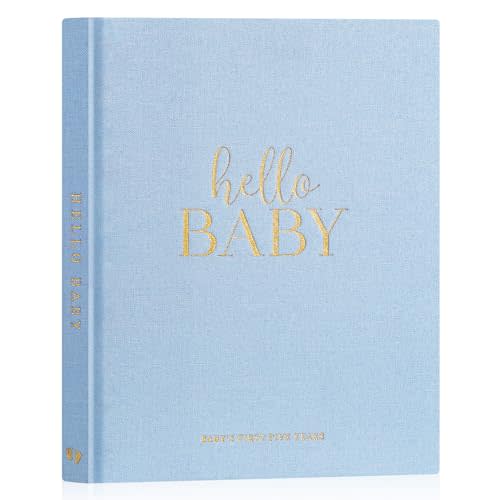 Lanpn Hello Baby First 5 Year Memory Book for Boy Girl - Linen Hardcover Keepsake for New Parents - Newborn Journal Scrapbook Photo Album Milestone Book (Blue, 154 Pages)