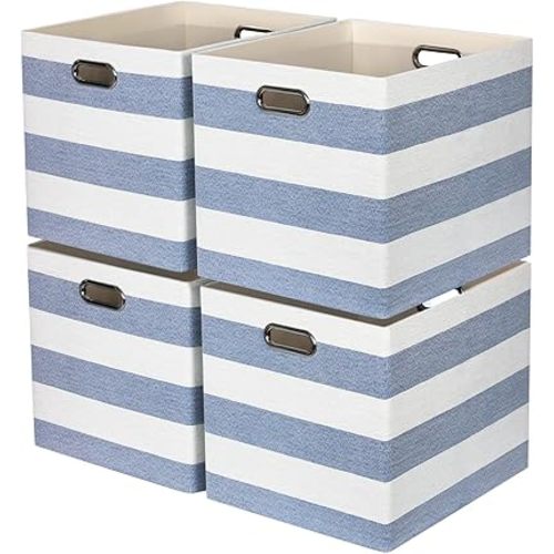 13x15x13 Storage Cube Bins, Foldable Storage Cubes, Fabric Organizer Basket Bin, Striped Containers Decorative Storage Boxes for Shelves Wardrobe Closet Home Office, 4 Pack, Blue/White